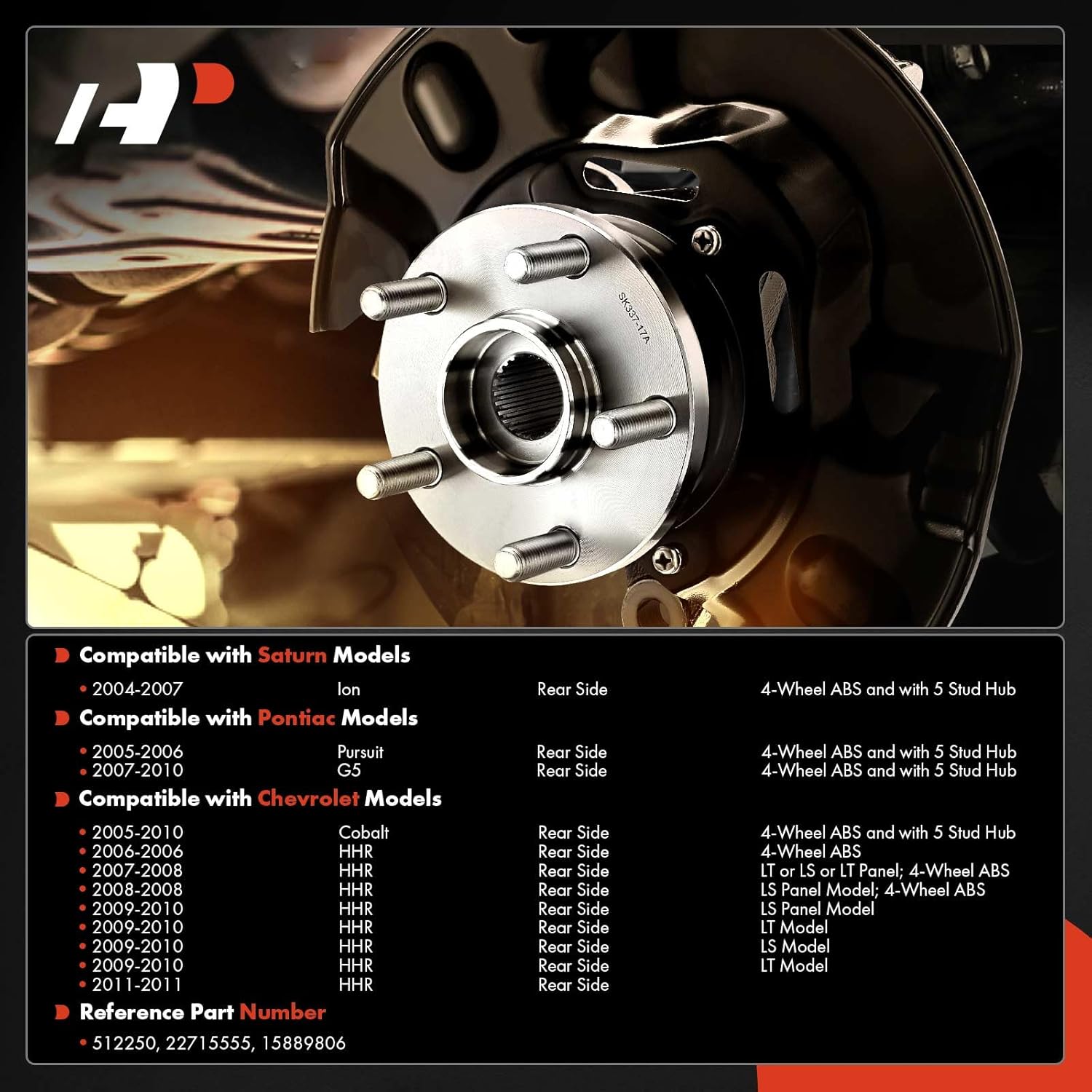 A-Premium Rear Wheel Bearing and Hub Assembly with ABS & 5-Lug Compatible with Chevrolet Cobalt 2005-2010, HHR 2008-2011, Pontiac G5 2007-2010, Pursuit 2005-2006, Saturn Ion 2004-2007