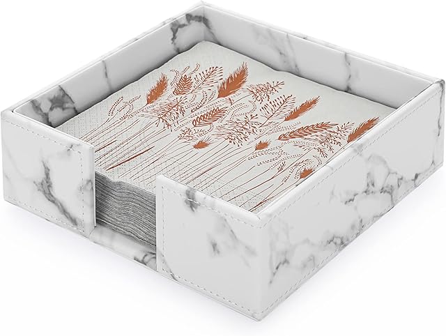 BTSKY PU Leather Square Napkin Holder - Cocktail Napkins, Napkin Box Tissue Holder for Dining Table Kitchen Restaurant Hotel Reception and Parties, PU Leather Storage Holder Organizer, Marble White