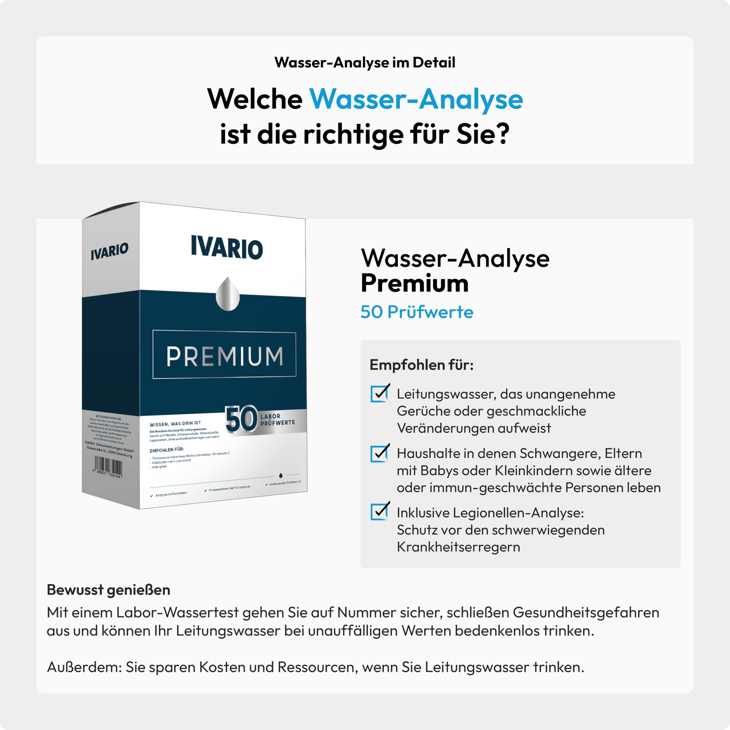IVARIO Labor-Wassertest Premium Check (50 Prüfwerte) | Für Trinkwasser/Leitungswasser, Experten-Analyse im akkreditierten Deutschen Fachlabor inkl. Legionellentest