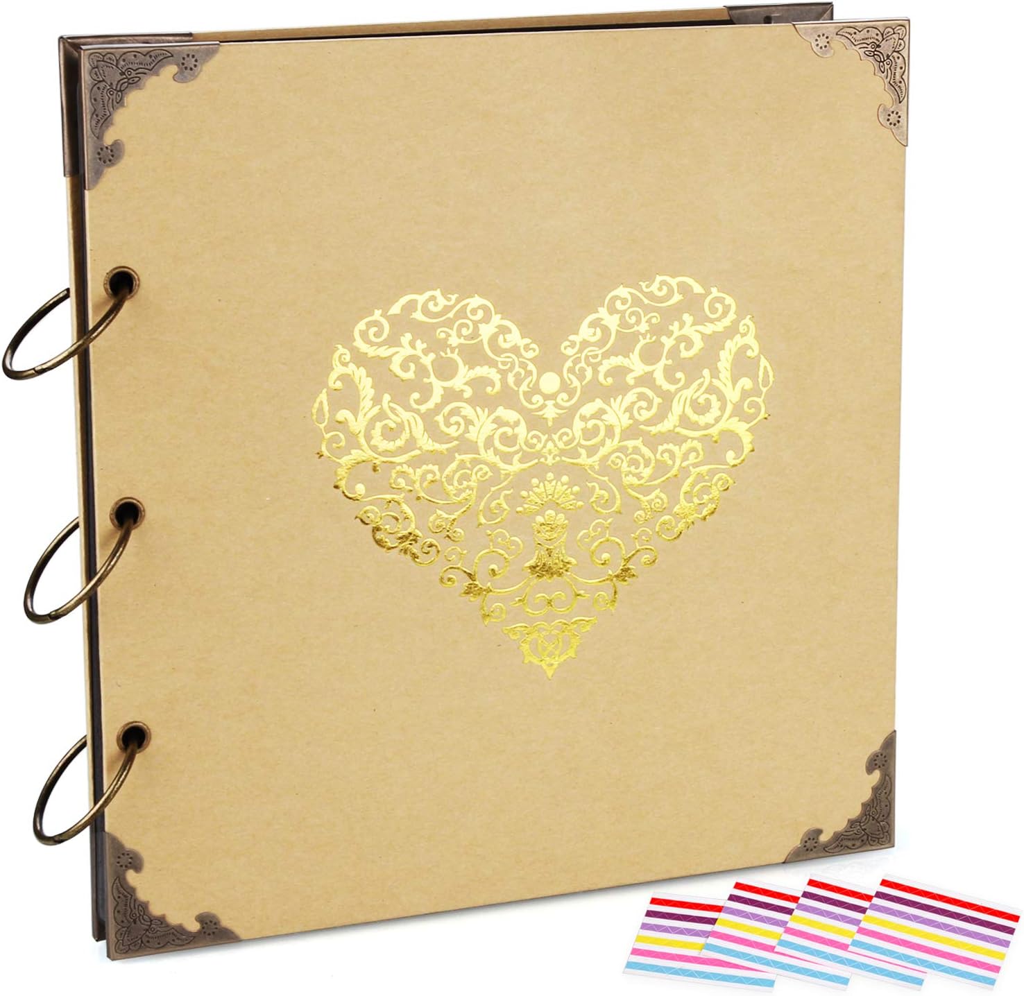 Photo Album DIY Scrapbook, 10x10 inch 50 Pages Double Sided, Vintage Hardcover Three-Ring Binder Picture Booth with 408pcs 6 Colors Self Adhesive Photos Corners (Champagne, Gold Blocking Heart)