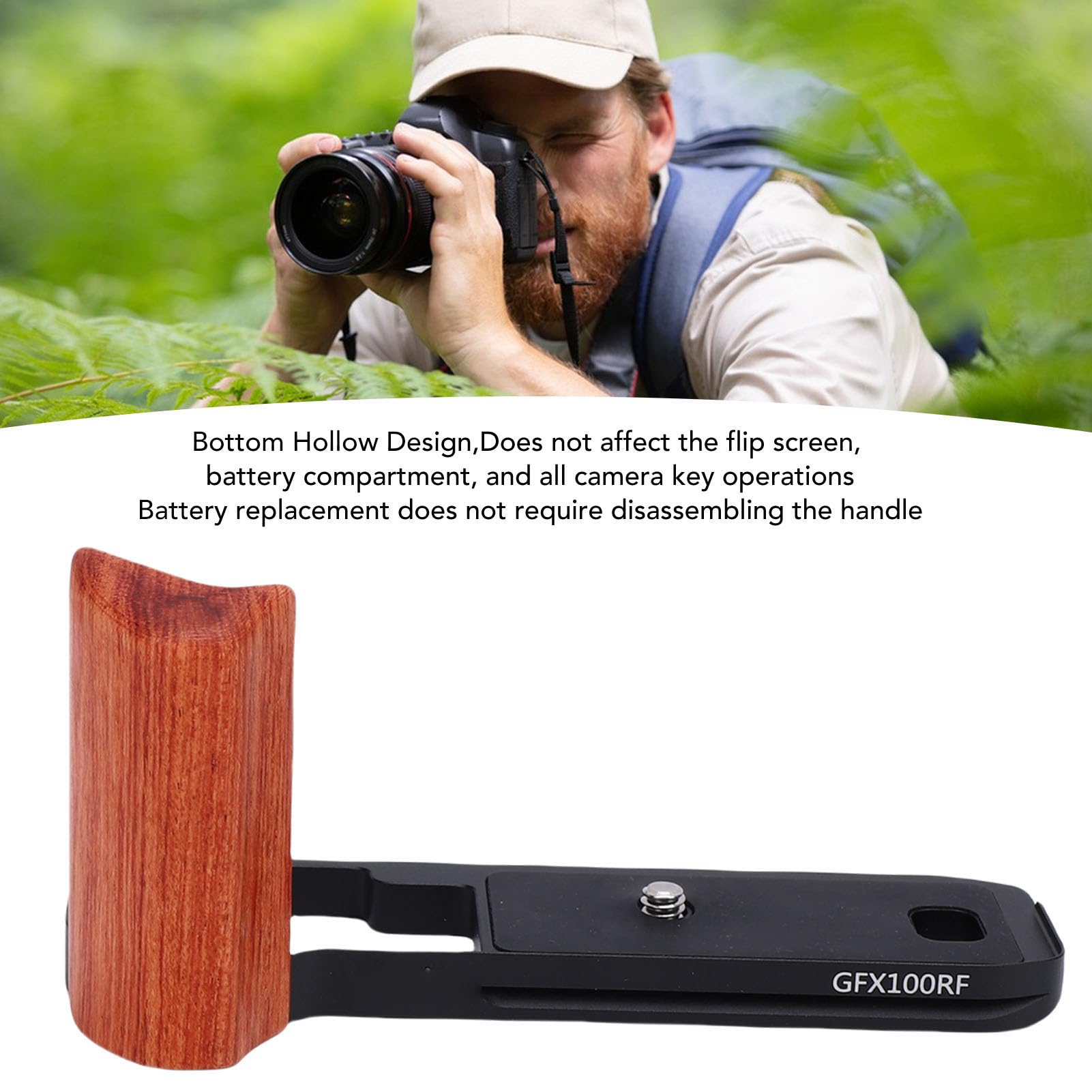 Impugnatura a L per Fotocamera per Fujifilm GFX 100RF, Grip | Maniglia laterale in legno, Piastra di base a sgancio rapido, Adatto allo stabilizzatore Arca, Facile accesso al vano