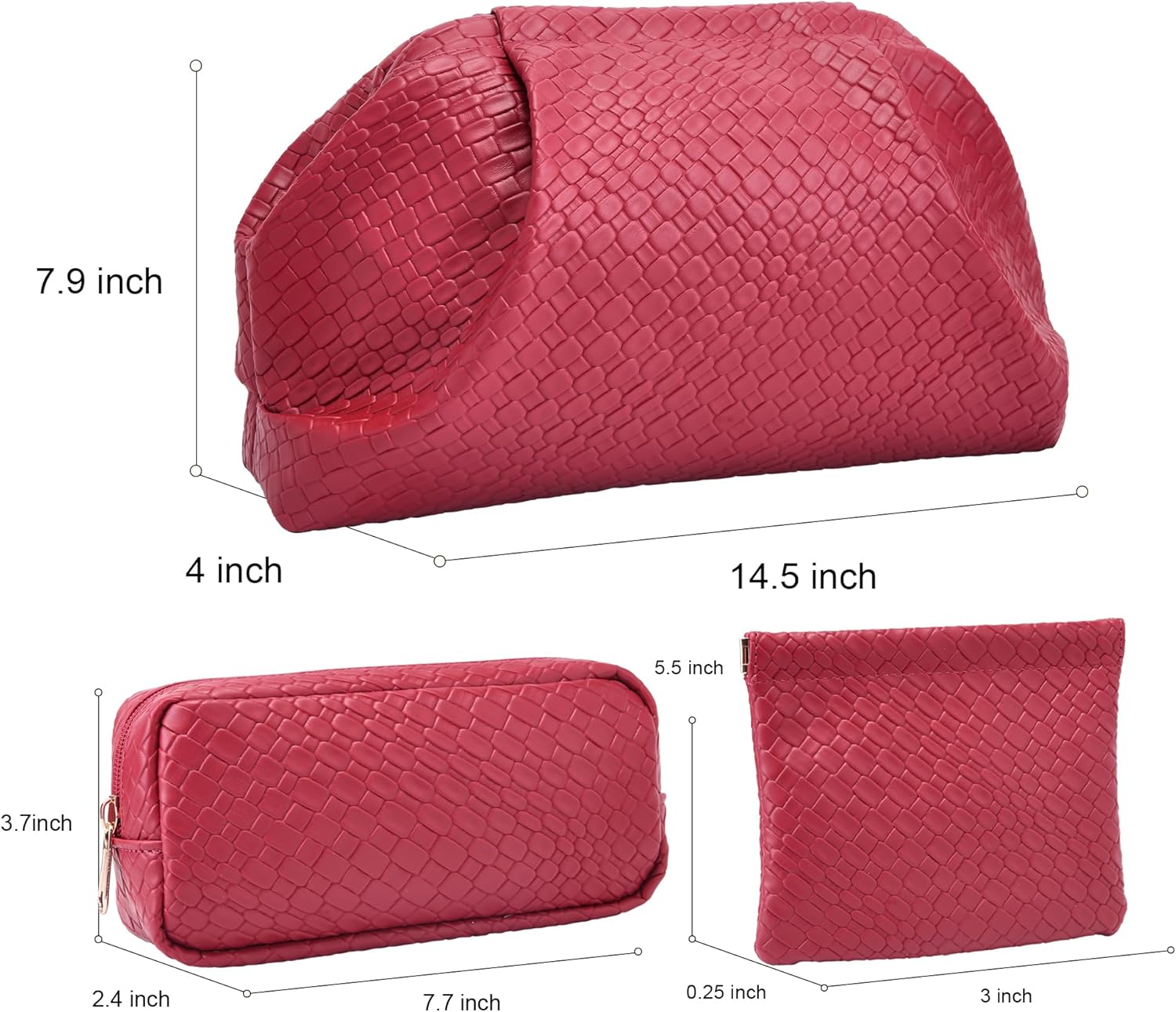 BOYATU Travel Makeup Bags for Women: Elegant Evening Woven Vegan Leather Make up Bag Clutch – 3 Pcs Set Large Capacity Compact Cosmetic Organizer for Purse, Ideal Bridesmaid Gift(Red)