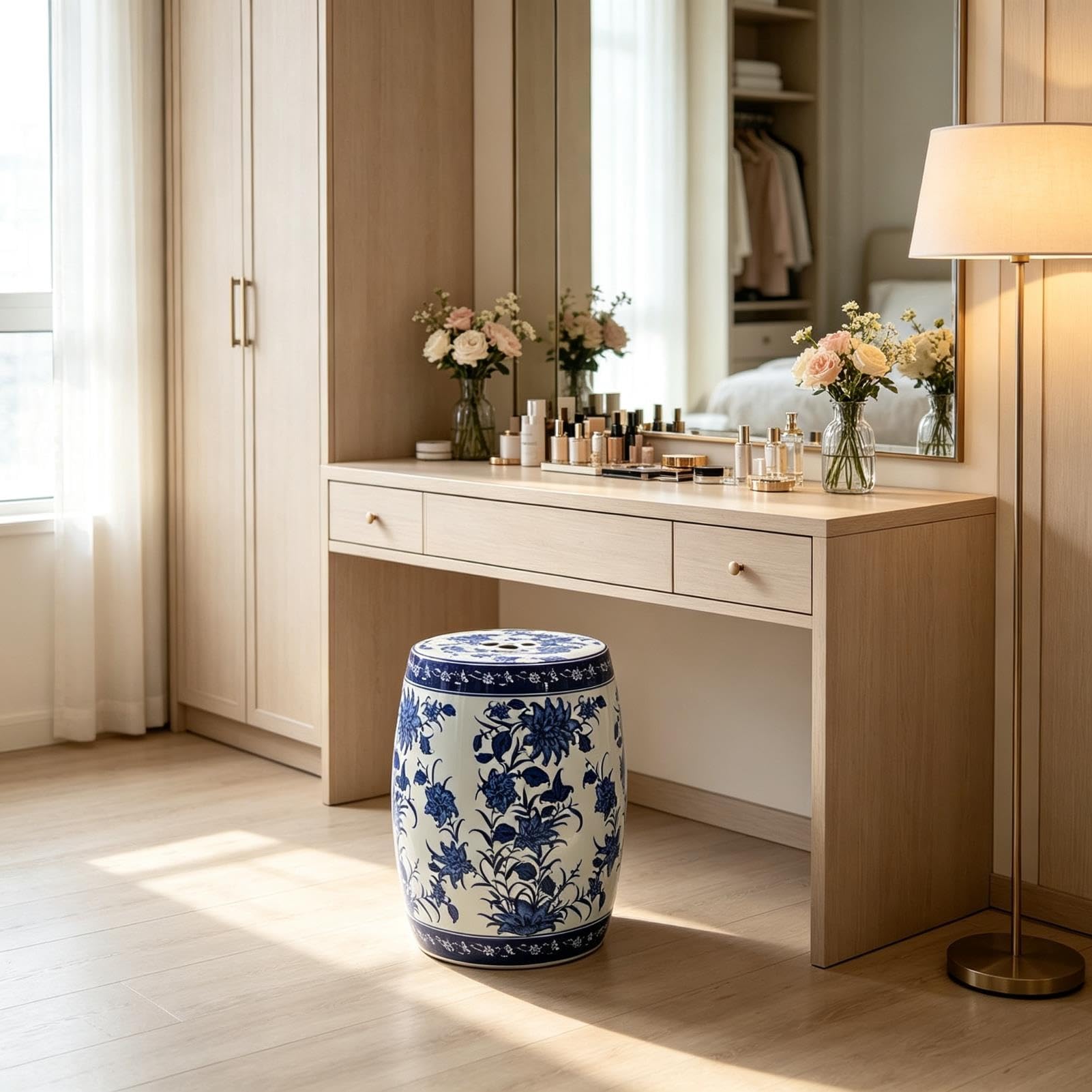 Dekoracyjny Ceramiczny Stołek Ogrodowy - Kwiatowy Chinoiserie Ceramiczny Stołek Do Bębna - Przeszklony Stołek Przewijania Ogrodu Na Zewnątrz, Salonu, Tarasu