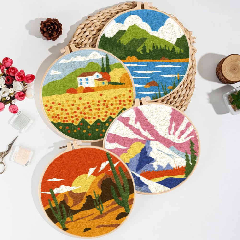 ORIGACH Kit de iniciación de bordado de paisaje de 4 piezas para principiantes, montaña, lago, desierto, paisaje rústico, kit de práctica de puntada que incluye paño de bordado, aros de bordado, hilos