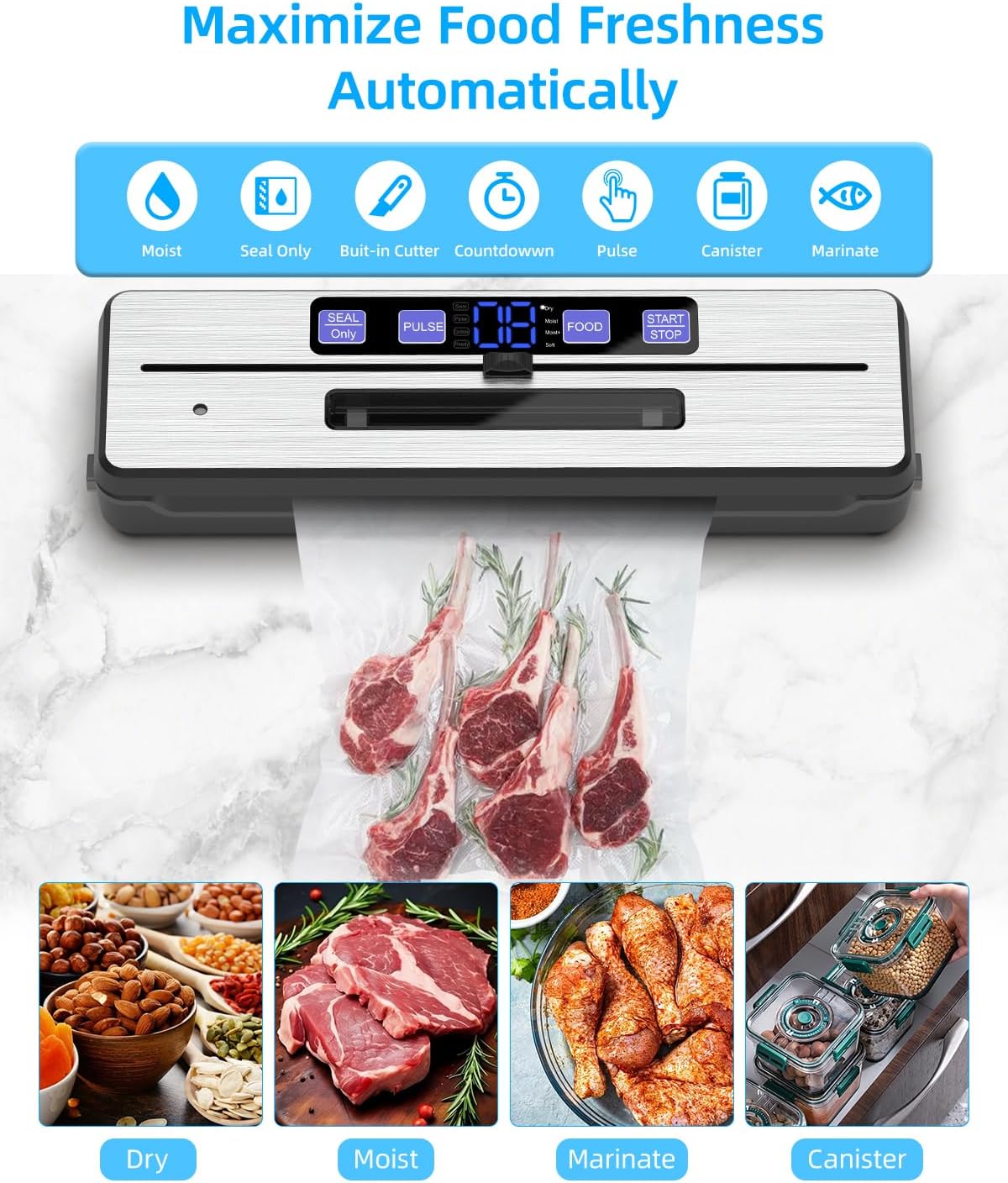 Vacuum Sealer Strong Vacuum Sealer with 6 Modes, Vacumm Sealer with Removable Drip Tray, Cutting Blade and Two Heating Wires