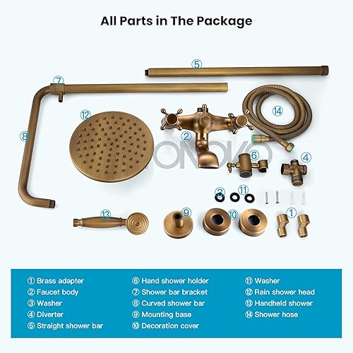 Miniatura 7 de Antiuqe - Accesorio de ducha de latón de 8 pulgadas con boquilla de bañera montado en la pared, 2 manijas cruzadas con latón antiguo a juego, tubo