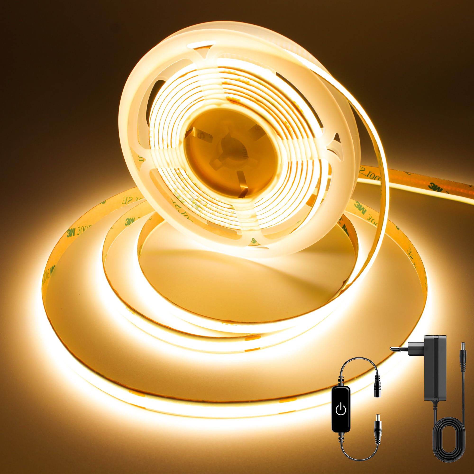 COB LED Streifen 3m,warmweiß 2700K 24V COB LED Band Mit Adapter,Touch Dimmbar LED Streifen,320LED/M,CRI>90,8mmbreit,Lichtband LED geeignet für Schlafzimmer,Küchen,Schränke