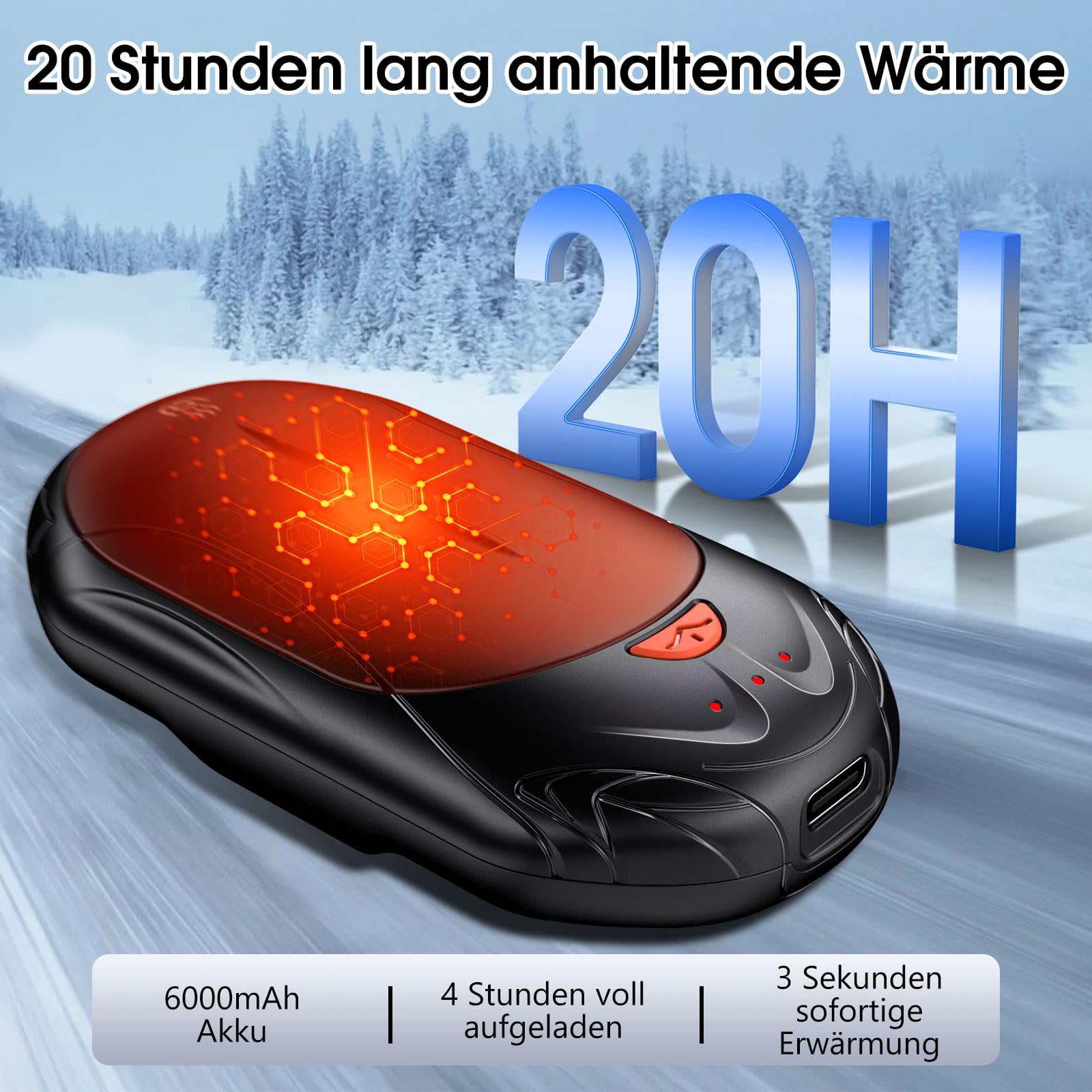 Handwärmer Elektrisch 2er Set, 20 Stunden Akkulaufzeit USB Handwärmer Wiederaufladbar OUTJUT, 6000mAh 3 Heizmodi Schnelles Aufheizen, Outdoor Sport im Winter, Geschenk Weihnachten
