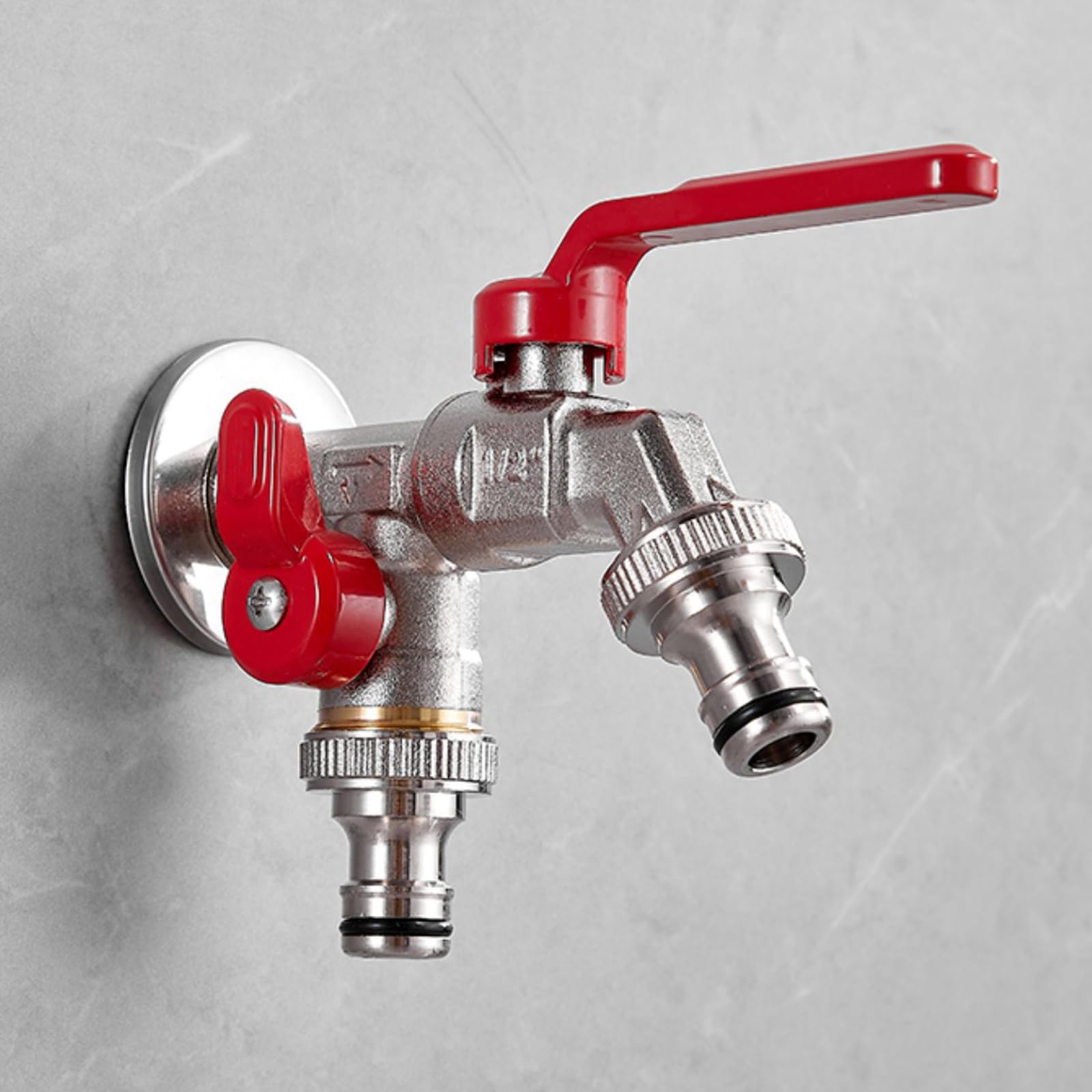 Rubinetto Da Giardino Esterno Valvola A Sfera in Ottone con Doppio Rubinetto Da 1/2 Pollice con 2 Adattatori per Tubi,Rosso Cromo