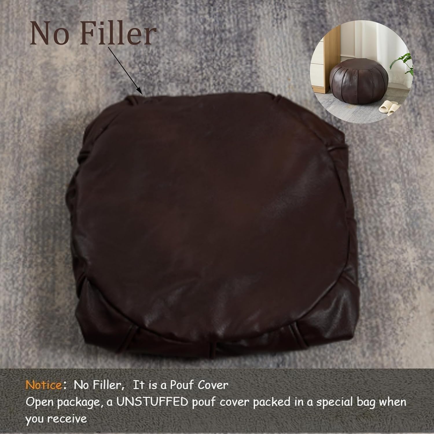 Louis Donné Brown Waterproof Faux Leather Unstuffed Pouf Ottoman, Handmade Moroccan Pouf Cover 21"x13", Round Floor Cushion Floor Chair Footstool for Living Room, Bedroom and Wedding (Only Cover)