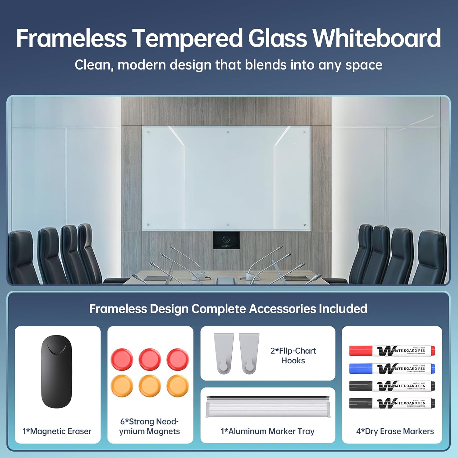 Glass Whiteboard 60" x 40", Frameless Wall Mounted Dry Erase Board with Tempered Glass Surface, Steel-Backed Magnetic Support, Tray, Eraser, Markers & Magnets for Office, School, Home