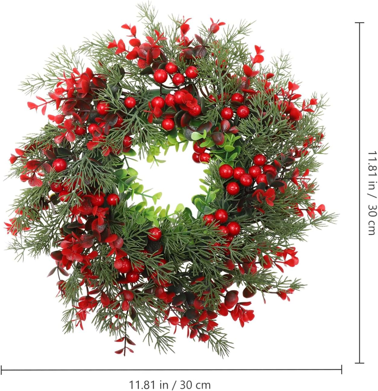 Christmas Wreath 30cm Door Wreath Ornament with Pine Needles and Red Berries Artificial Pine Wreath for Front Door Christmas Winter Decoration - Image 4