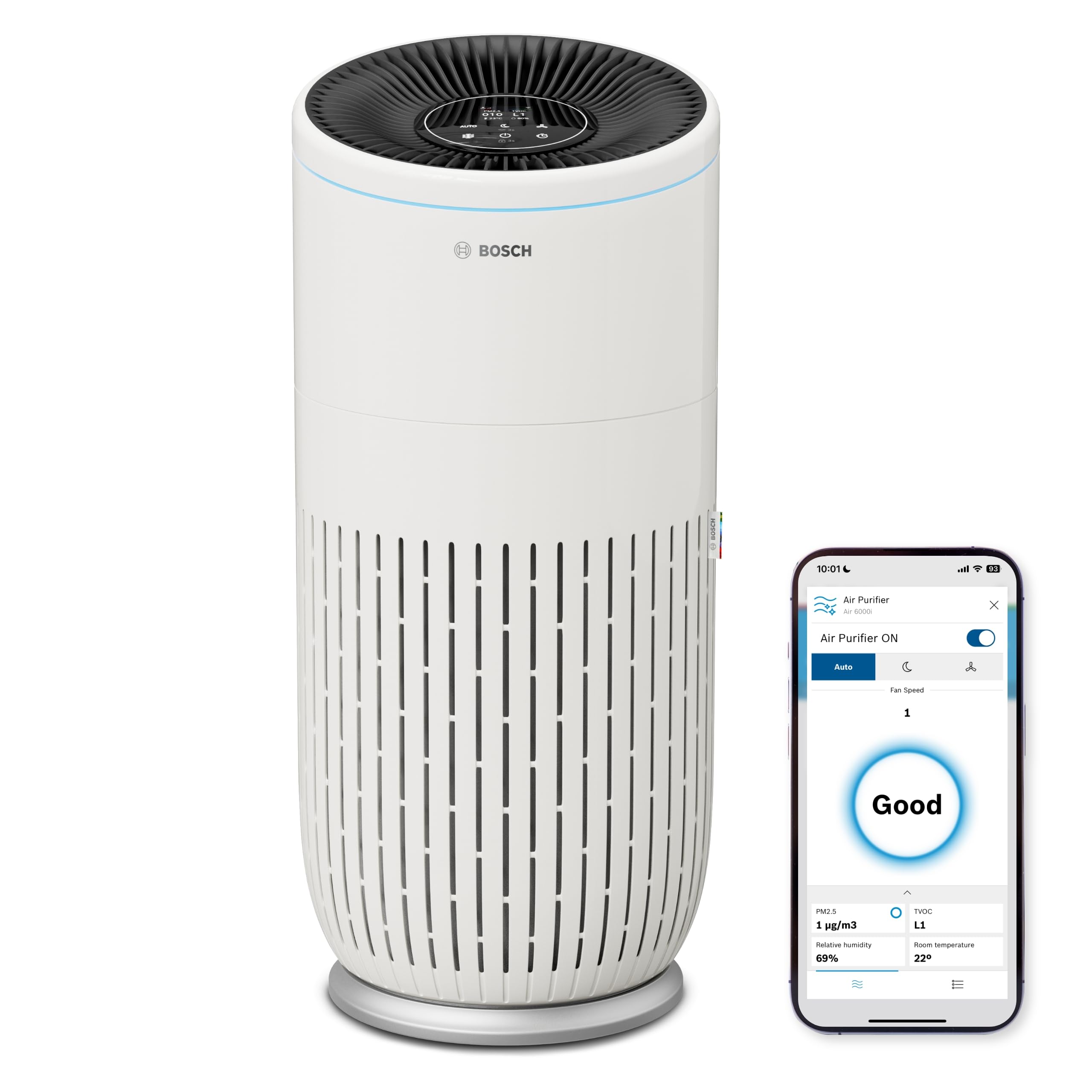 Bosch Air 6000i, Purificador de Aire con App, Hasta 125 m² | Con Filtro de Aire 4 en 1, Sensor Inteligente, Modo Automático, Modo Silencioso (< 25 dB(A)), CADR: 600 m³/h