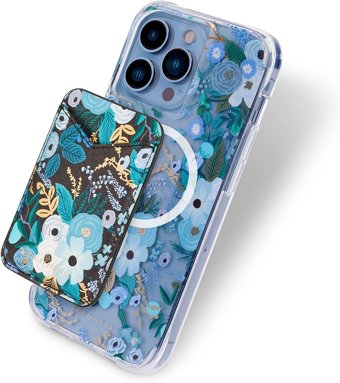 Rifle Paper Co. Magnetic Wallet for iPhone [Card Holder] Vegan Leather MagSafe Wallet [Holds up to 3 Cards] Slim Detachable Magnetic Phone Wallet for iPhone 16 Pro Max/15 Pro/14/13 - Garden Party Blue