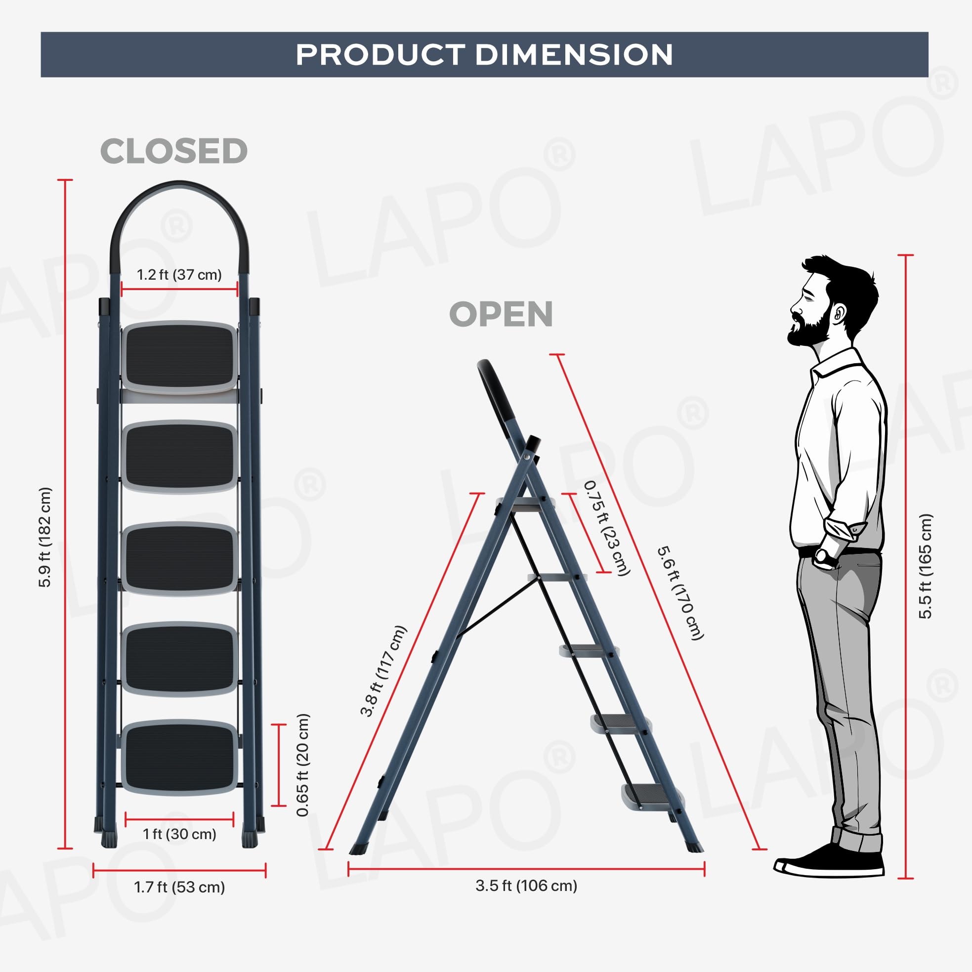 LAPO Folding Ladder for Home & Office | Heavy Duty Steel Step Ladder | 150 kg Load Capacity | 20 x 30 cm Anti-Slip Large Platform | Non-Slip Rubber Feet | 5 Years Warranty | Grey (5 Step) — Amazon image 3