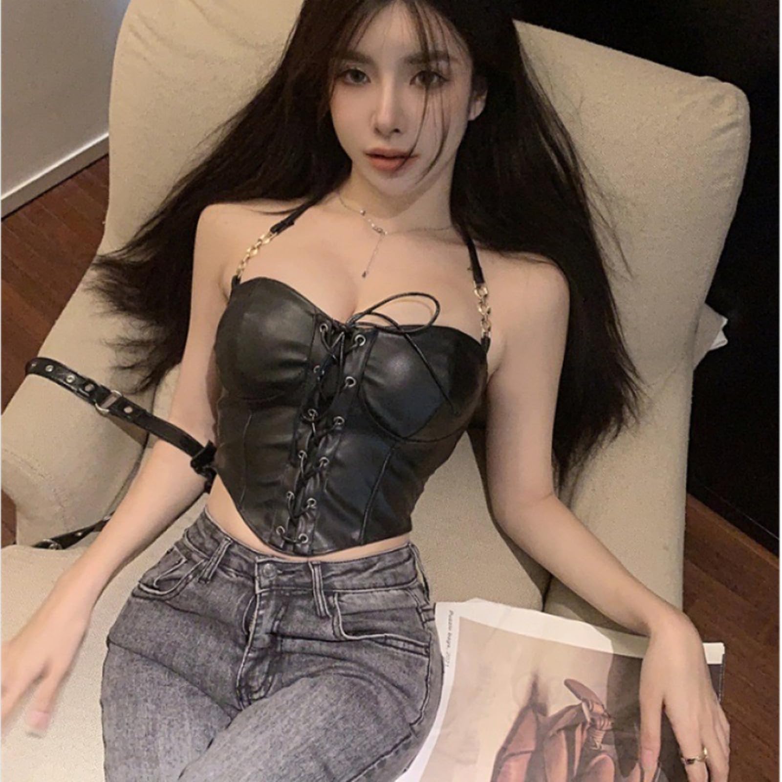 Canottiera Donna Cotone Lavo-Up Black Pu Crop Top Corset Womens Women Streetwear Streetwear Streetwear