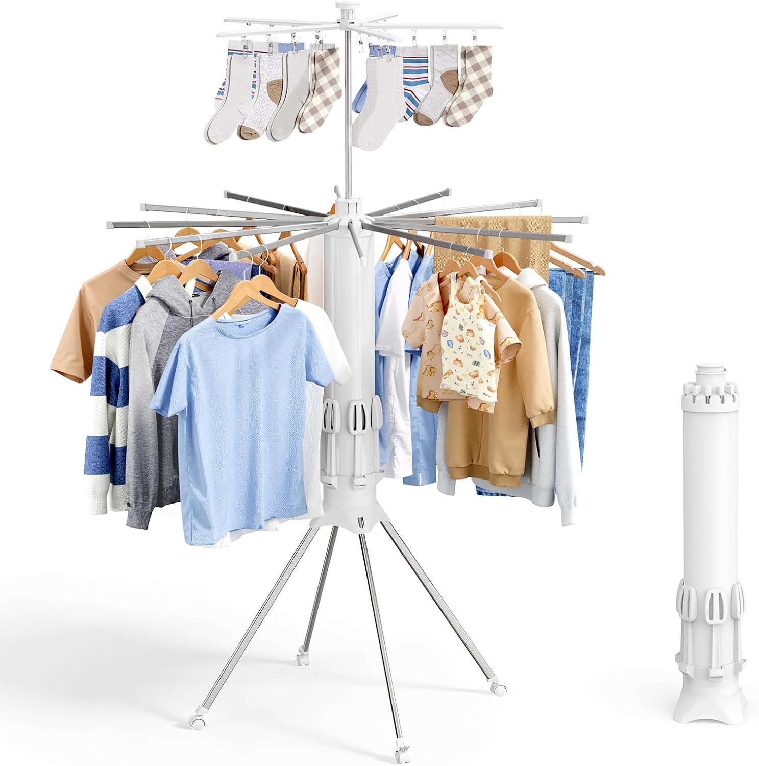 Sakugi Foldable Clothes Drying Rack – Large Capacity for Clothing & Bedding, Collapsible Metal Frame with 12 Arms, Clips & Shoe Holders for Laundry Room, Indoor & Outdoor, 44"D x 44"W x 71"H, White