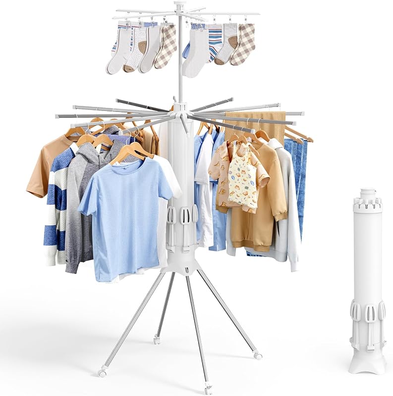 Foldable Clothes Drying Rack with 12 Steel Arms, Clips & Shoe Holder | Laundry Room, Bedroom, Outdoor & Indoor Use, Collapsible, Reinforced Frame, 4 Leg Stable Base, White, 44"D x 44"W x 71"H