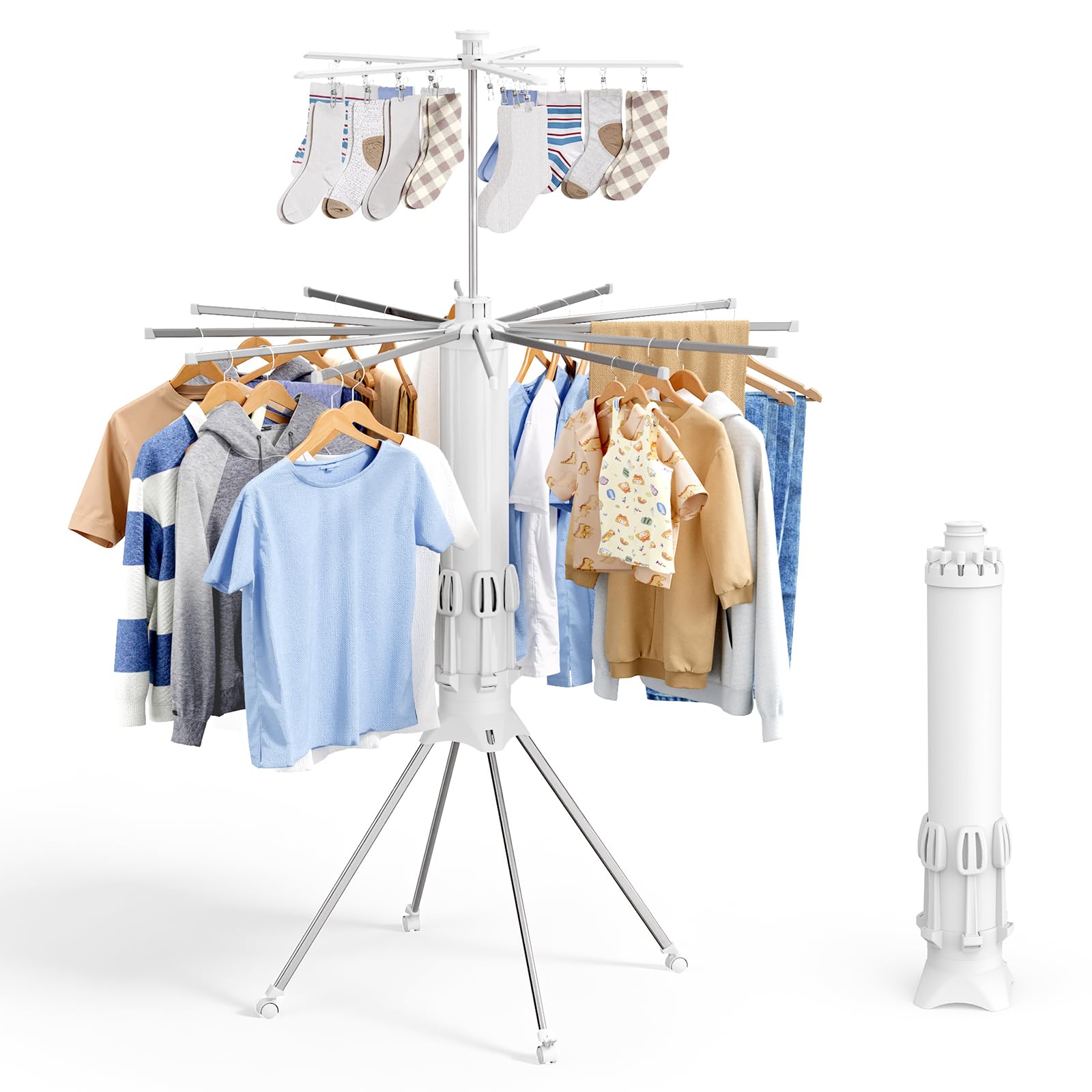 sakugi foldable clothes drying rack – collapsible laundry rack with 12 steel arms, 4-leg stable base, reinforced frame with clips & shoe holders for indoor outdoor use, 44" d x 44" w x 71" h, white