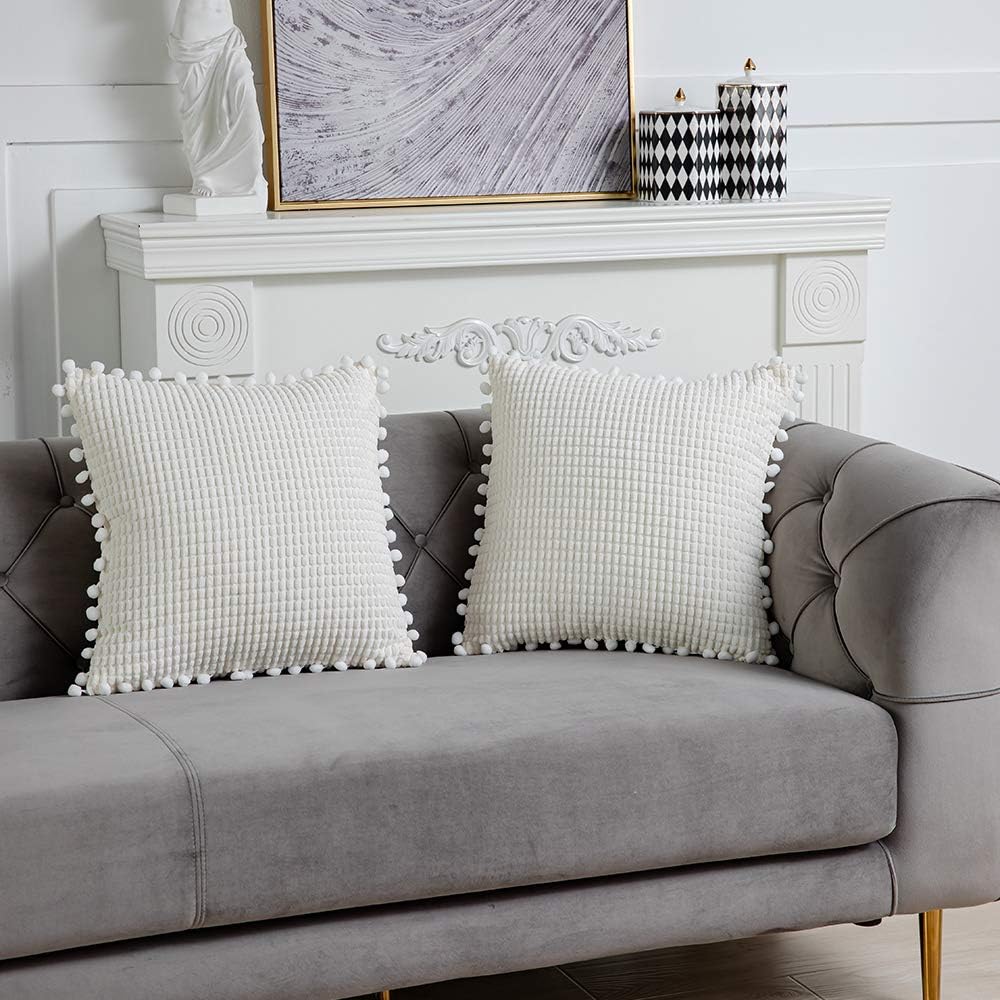 DEZENE 20x20 Inch Decorative Throw Pillow Covers - 2 Pack Soft Corduroy Corn Striped Pom-poms Corduroy Corn Striped Square Pillow Cases for Bedroom Sofa Couch Living Room, Cream