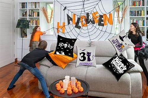 Miniatura 8 de Juego de 4 fundas de almohada de Halloween de 18 x 18 pulgadas para decoración de Halloween, decoración de interiores y exteriores, suministros de