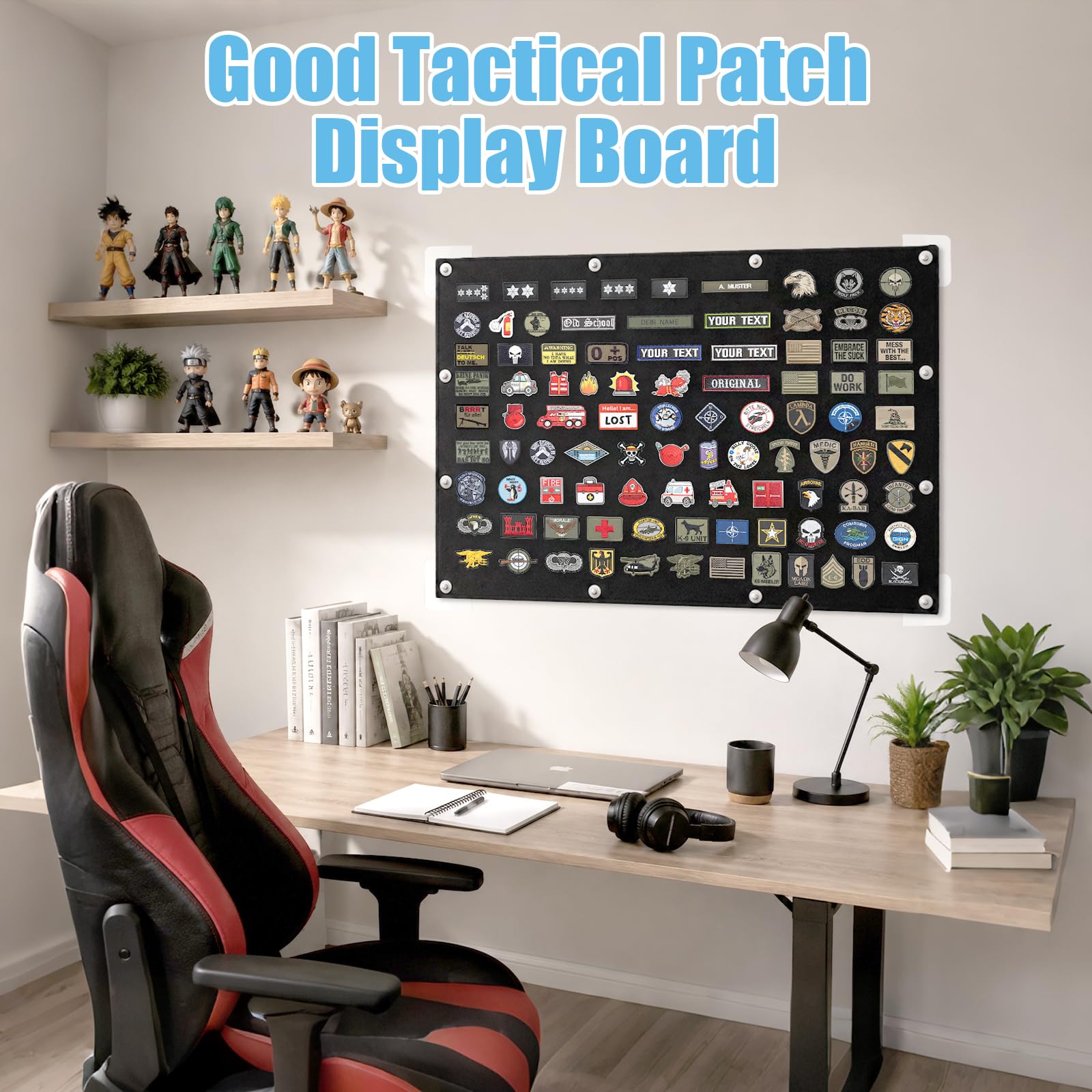 114x76cm Klett Patch Wand, Taktisch Militär Klettwand für Abzeichen Schwarz | Faltbar Patches Klett Patchwand, Wand Klettfläche Klettmatte, Patch Display Tafel mit Ösen für Aufnäher Stempeln Aufklebern
