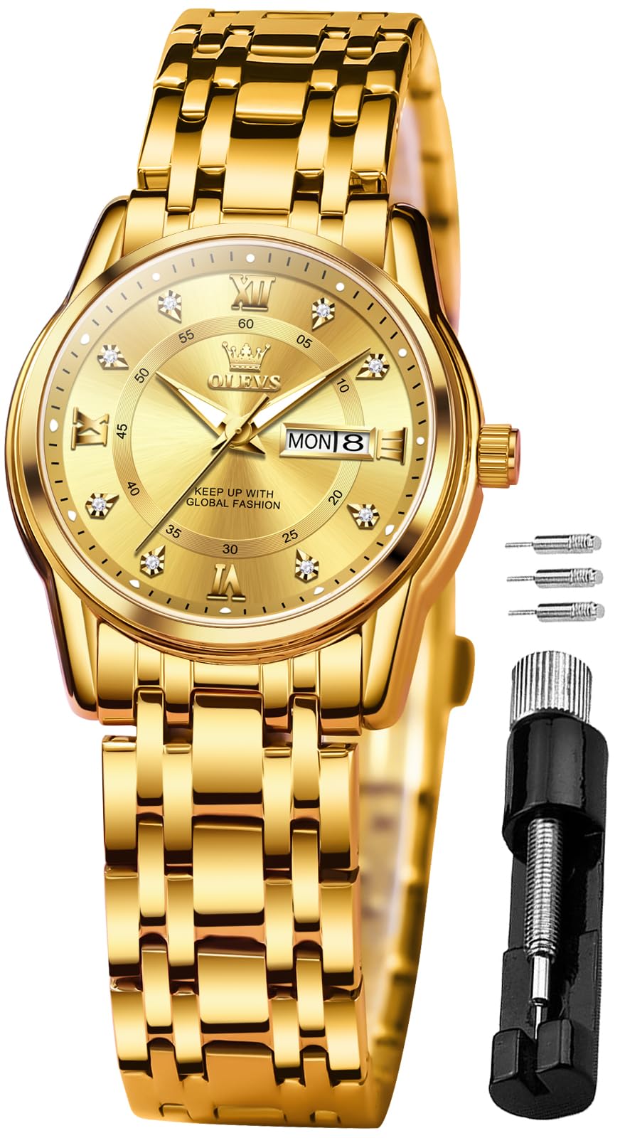 OLEVS Luxus Quarz Damen Uhr Edelstahl Armband Wochen‑ und Datumanzeige 3ATM Wasserdicht Business Armbanduhr Damen