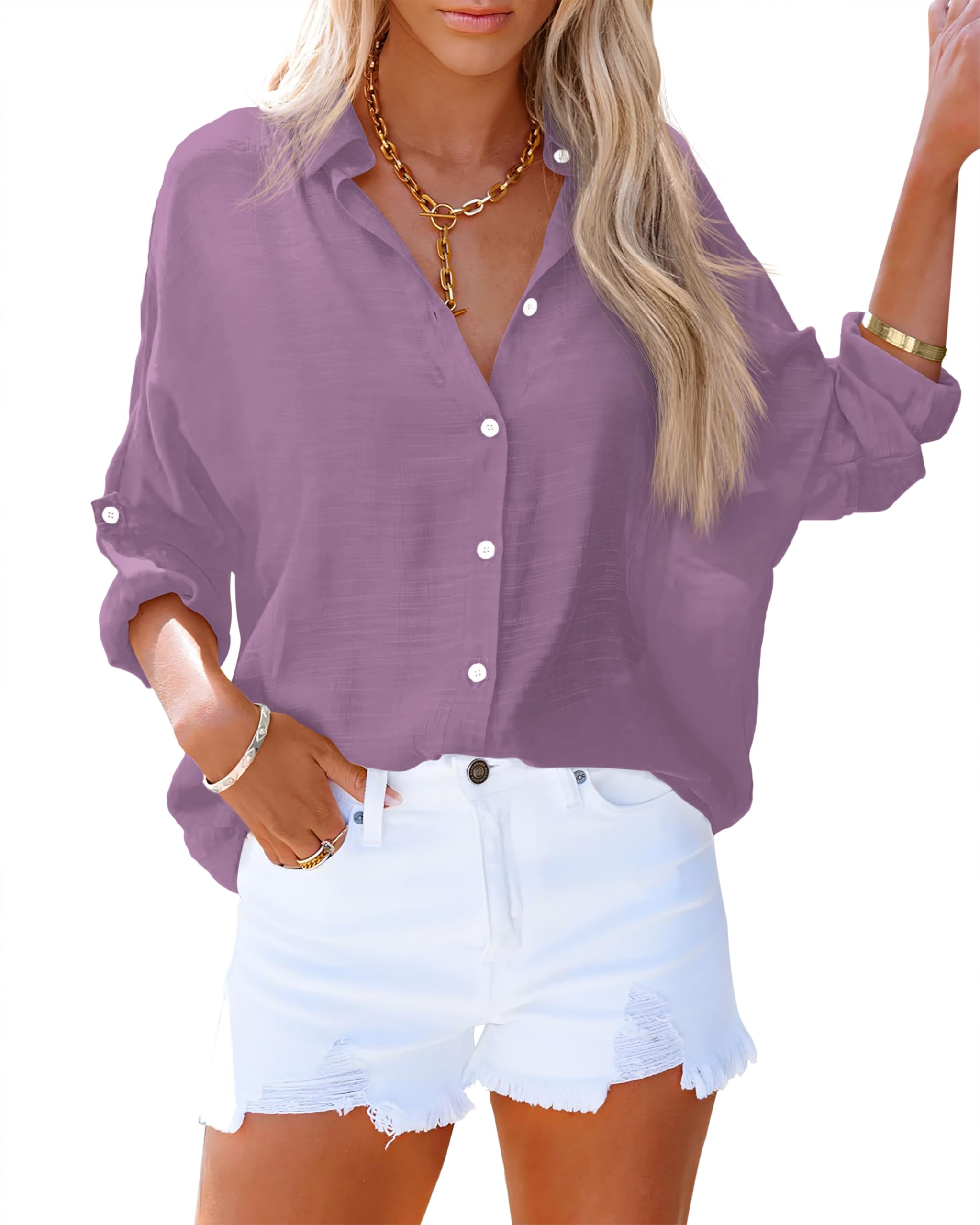 AISEW Womens Button Down V Neck Collared Shirts Dressy Casual Long Sleeve Roll Up Blouses Loose Cover Ups Tunic Tops