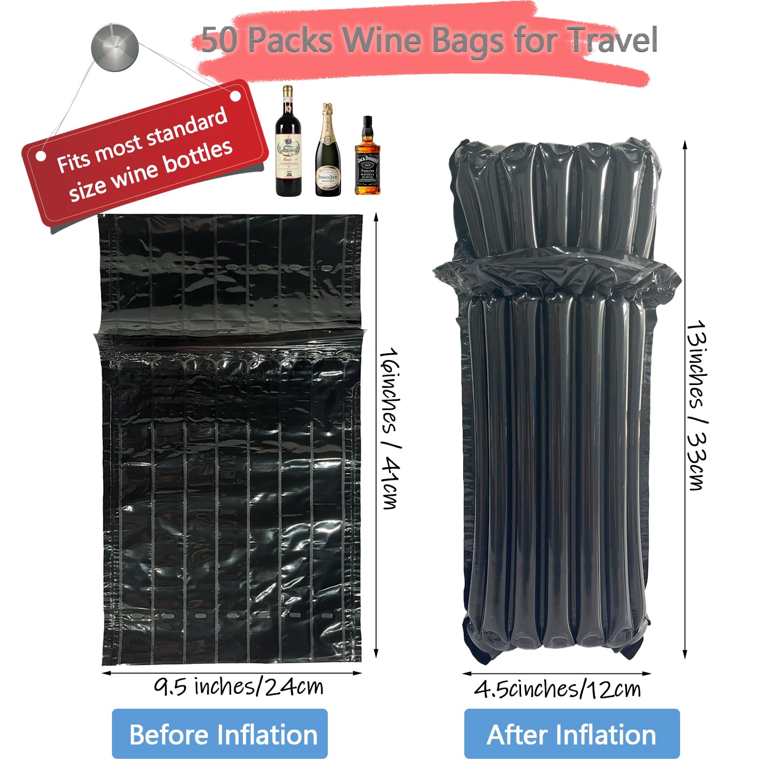 Lot de 50 sacs de protection de voyage pour bouteille de vin avec pompe de gonflage gratuite Noir