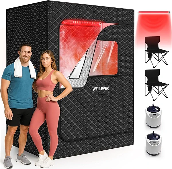 Infrared 2 Person Sauna for Home, 660nm Red Light Portable Steam Sauna, 5-Layer Waterproof Quick Heat and Steamy, Saunas Tent with Oversized Chairs for Gym/Pilates/Garage, Hot Tub, 5.9' x 4.1' x 3.0'