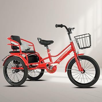 Adult Tricycle 3 Wheel Cruise Trike Kids Tandem Tricycle for Cycling/Outing/Picnic, Folding 2 Seater Cruiser Bike with Seat Belt/Front Rear Basket, Kids Tricycle with Adjustable HandleRed,16in