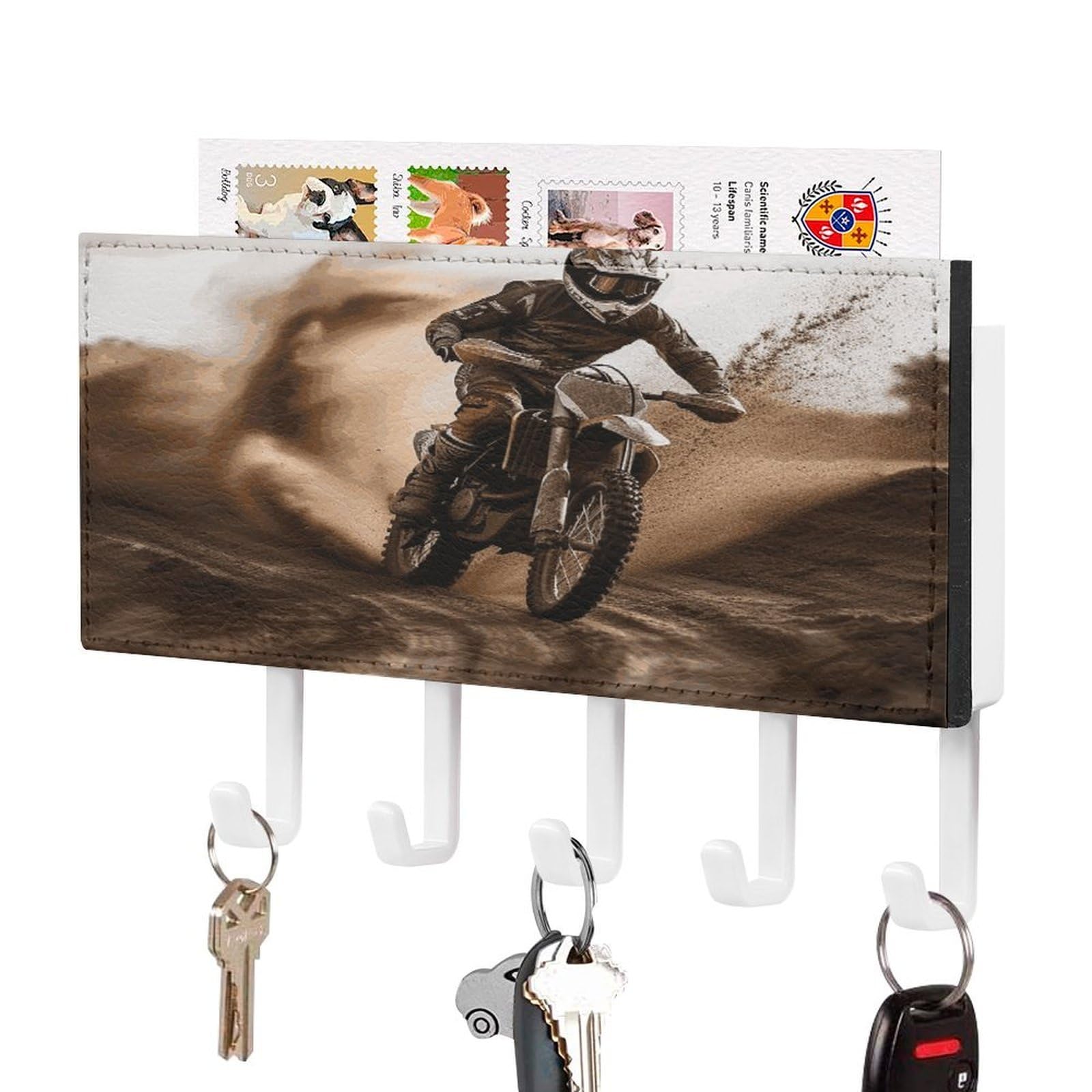 FekiLoot Motocross Key Holder for Wall Decorative Mail Organizer with 5 Key Hook Self Adhesive Key Rack with Tray Coat Rack Wall Mount Key Hanger Decor for Entryway Door