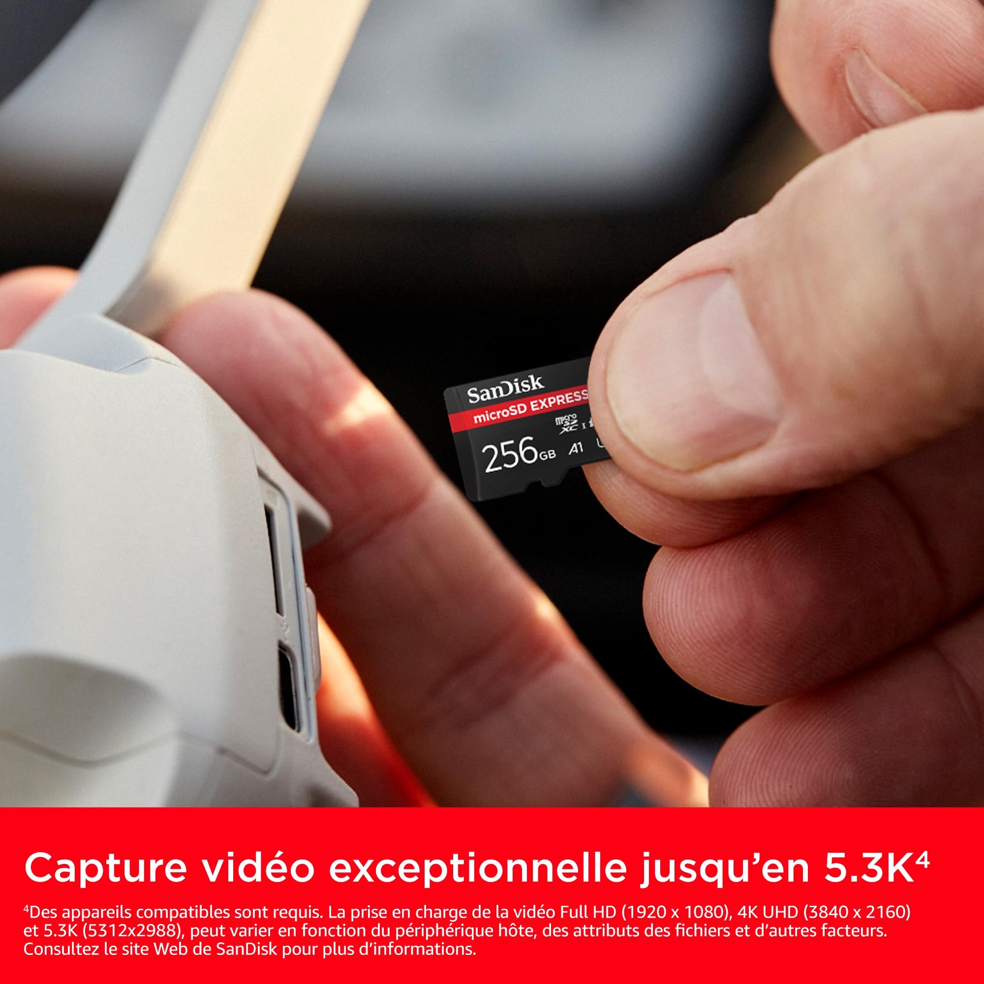 SanDisk microSD Express, 256 Go Carte microSD, Vitesee de lecture/écriture jusqu'à 880/480 Mo/s, Des vitesses de lecture jusqu’à 4,4 fois plus élevées que nos cartes microSD Class 10, U3