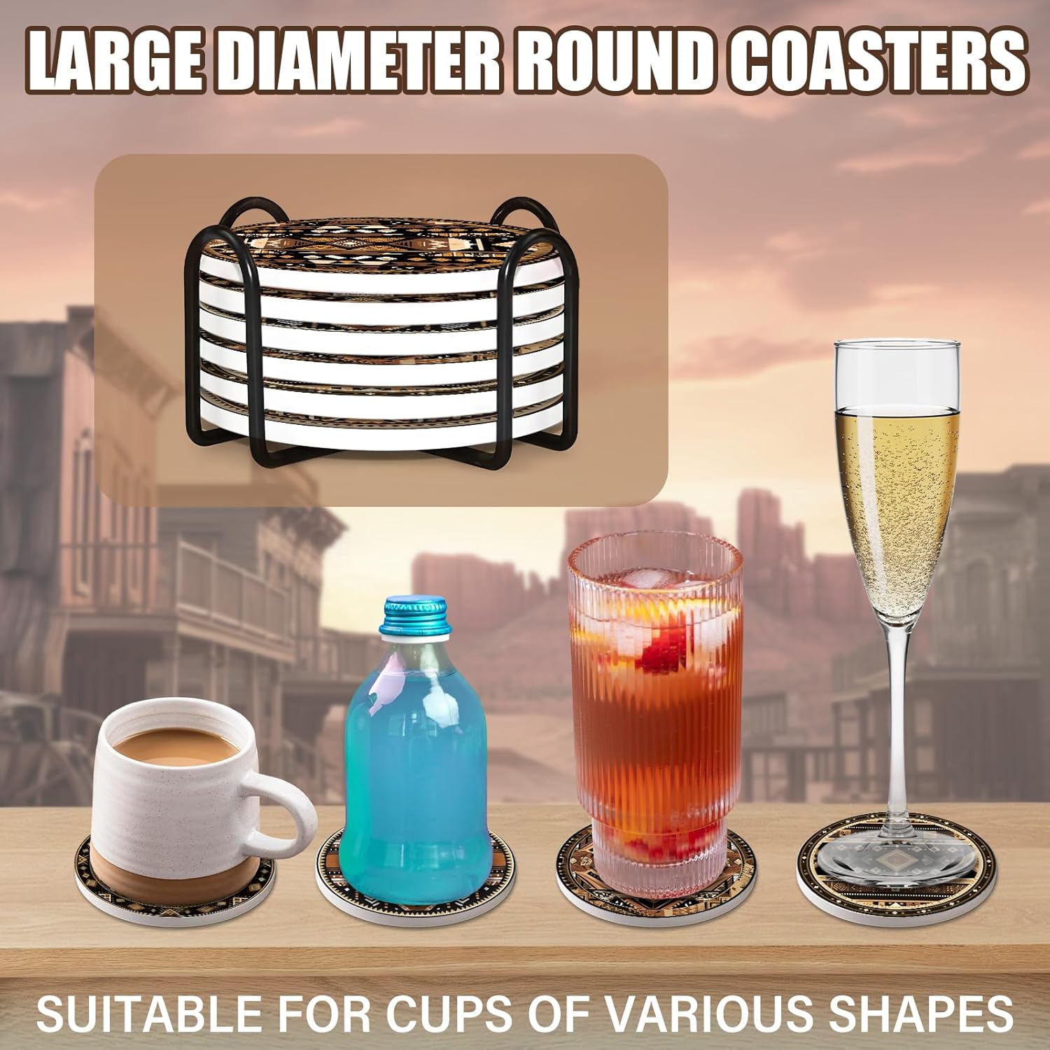 Drink Coasters Set of 6, Western Ceramic Stone Coasters, Western Home Decor, with Cork Base and Metal Holder, Absorbent Round Non-Slip Drink Coffee Bar Decor Mug Cup Coaster - Image 3