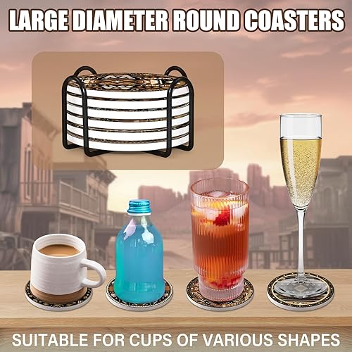 Miniatura 3 de Juego de 6 posavasos de piedra de cerámica occidental, decoración occidental del hogar, con base de corcho y soporte de metal, absorbente redondo