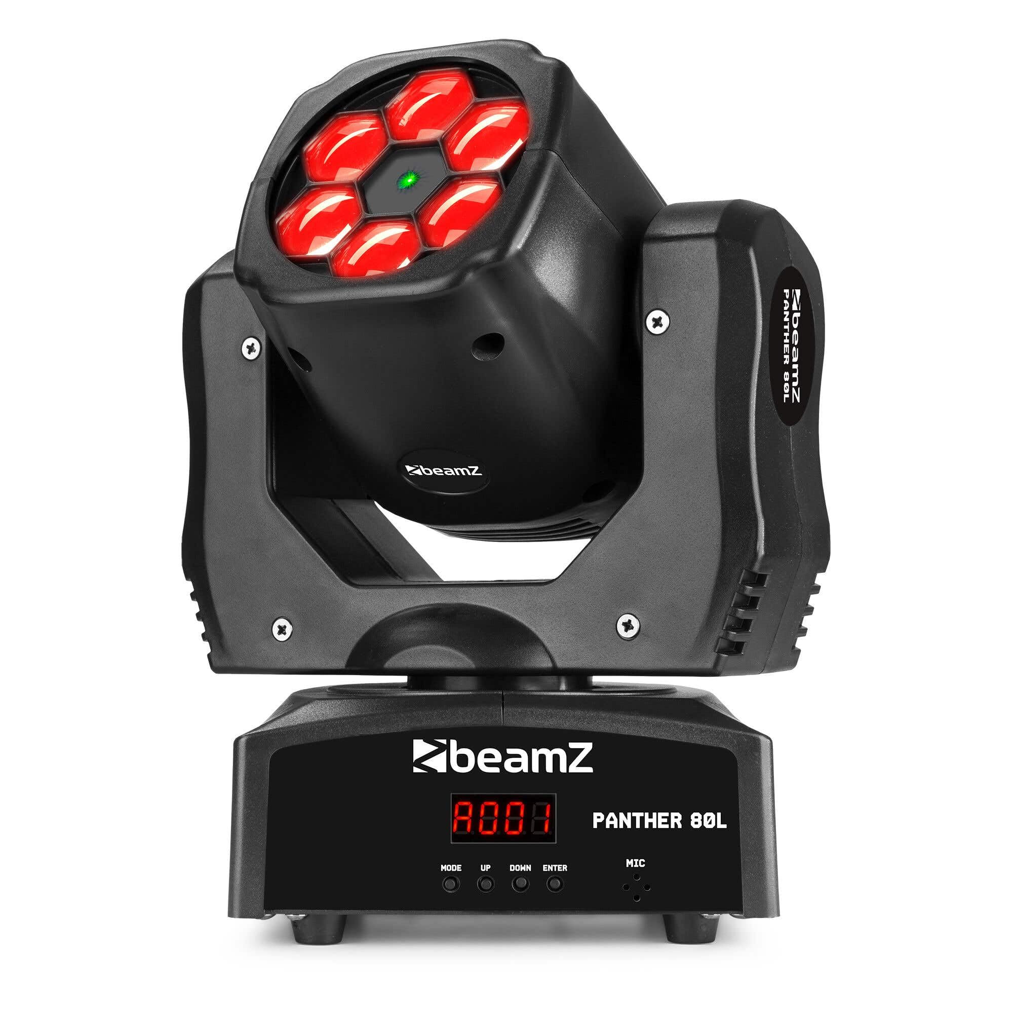 BeamZ Panther80L Bee Eye Moving Head 6×12 W RGBW LEDs, Rotierende Linse, Grüner Pattern Effekt, 540° Pan, 180° Tilt, DMX Soundsteuerung, inkl. Fernbedienung, Kompakt Wash Lichtshow