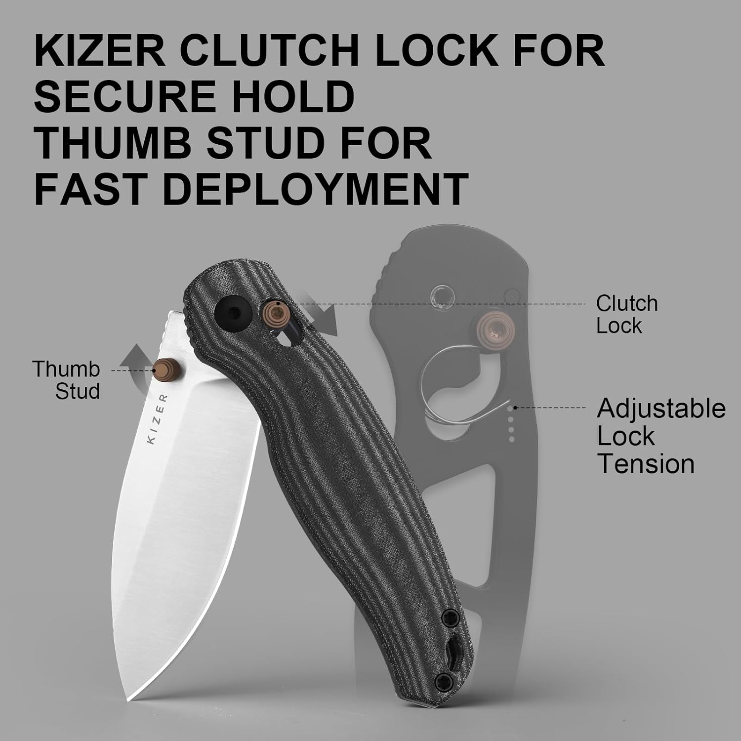 Kizer Phoca CD Pocket Knife, 2.95" Drop Point 14C28N Blade Folding Knives with Black Norplex UltreX™ Micarta Handle, Thumb Stud EDC Knife for Men Women V3781CDA1