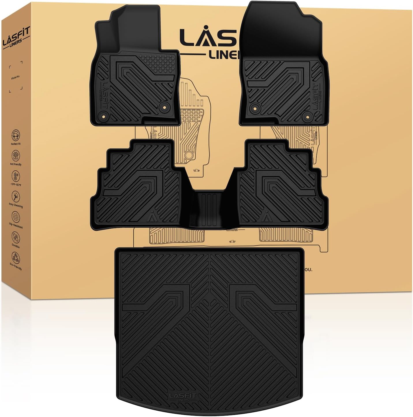 LASFIT Floor Mats & Cargo Liner for Mazda CX5 2017-2025, All Weather TPE Custom Fit Car Floor Liners, Include 1st & 2nd Row and Trunk Mat Full Set Accessories for Mazda CX 5, 4 PCS Black