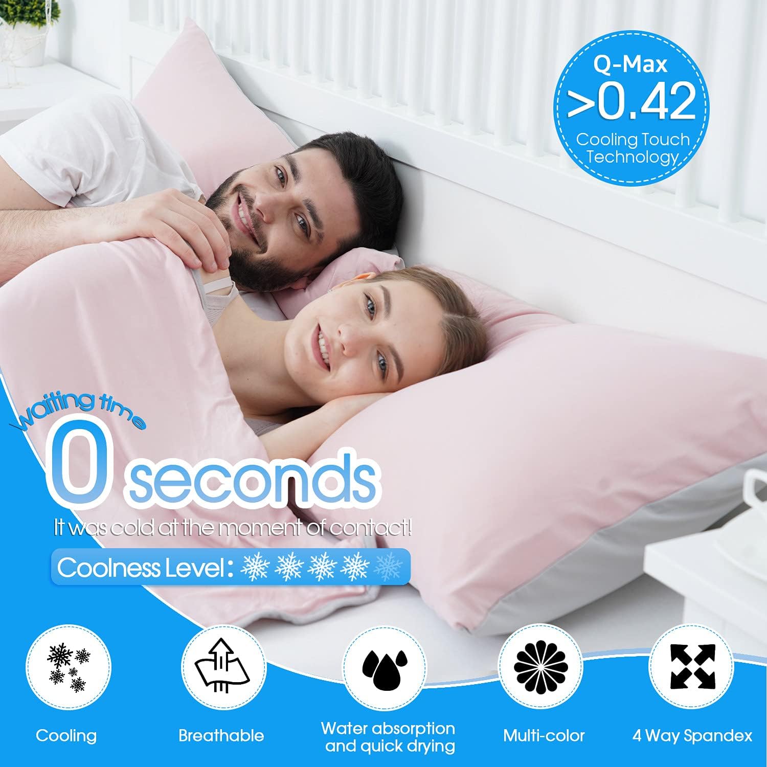BORPRES Cooling Pillowcase,Japanese Chill-Plus Tech,Q-MAX>0.43 Cooling Fiber, Absorbs Heat Keep Cool,Double Sided Design,Idea for Hot Sleeper Night Sweats All Seasons King Size,Pink