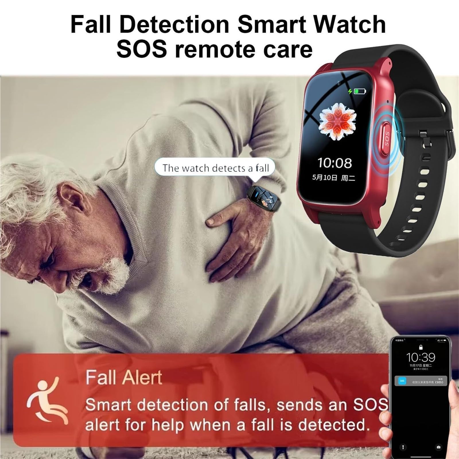 Mothdust Orologio Emergenza Per Anziani Con Sensore Cadute Tracker GPS Videochiamata HD Monitoraggio Salute Cinturino Silicone IP67 Impermeabile Smartwatch Per Alzheimer Tracking Sicuro(Red)