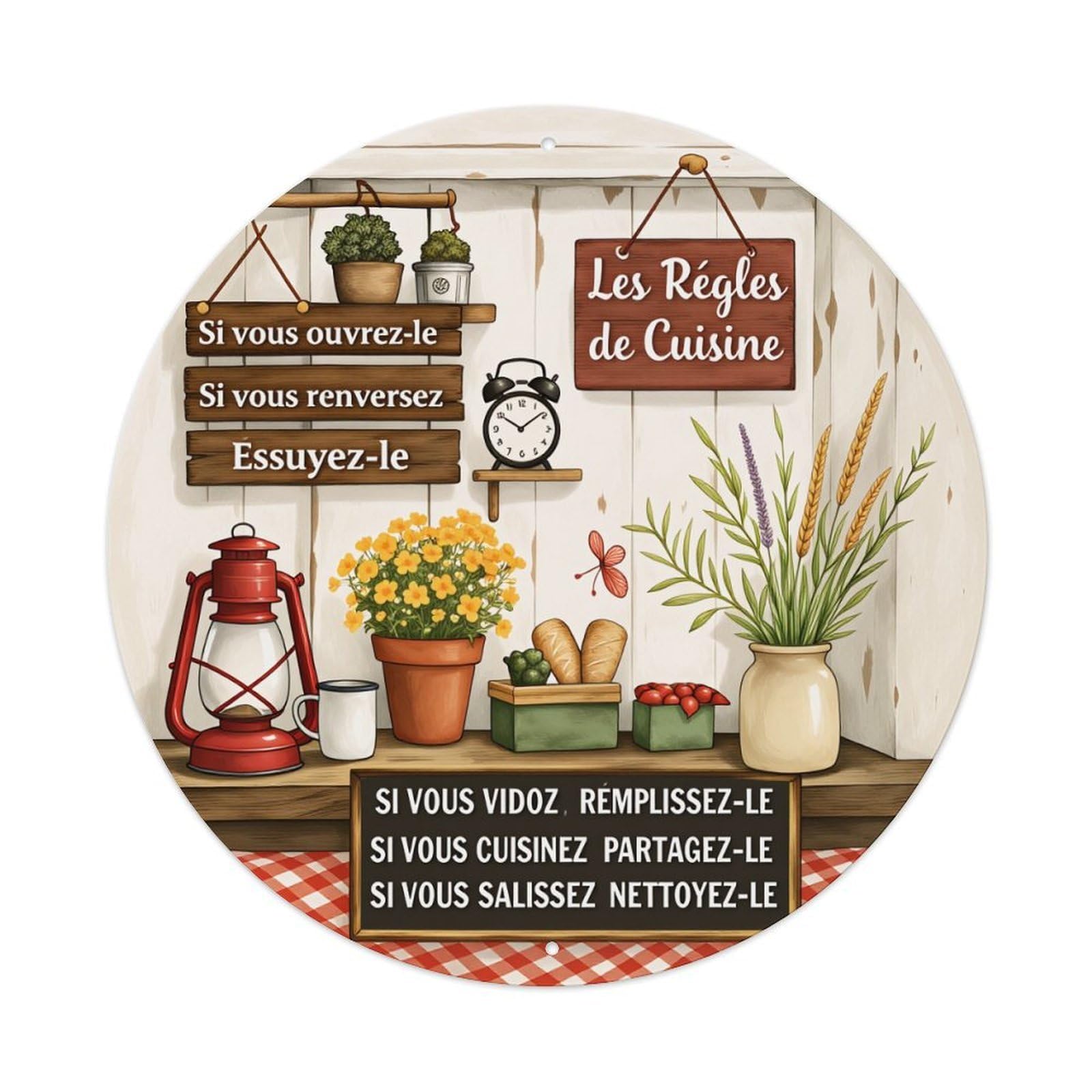 Rustic Kitchen Rules With Plants And Lantern Round Vintage Tin Sign,Retro Wall Art,Metal Poster for Home, Bar, Garage, Cafe, Rustic Indoor & Outdoor Decor, 8x8 Inches