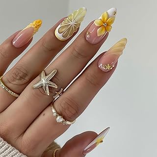 24 Stück Mandel Press On Nägel Gel Falsche Nägel mit Blume Gelb Weiß French 3D Perlen Gold Sterne Exquisites Nail Art Design Wiederverwendbar Künstliche Acryl Nägel Vollcover Maniküre Set