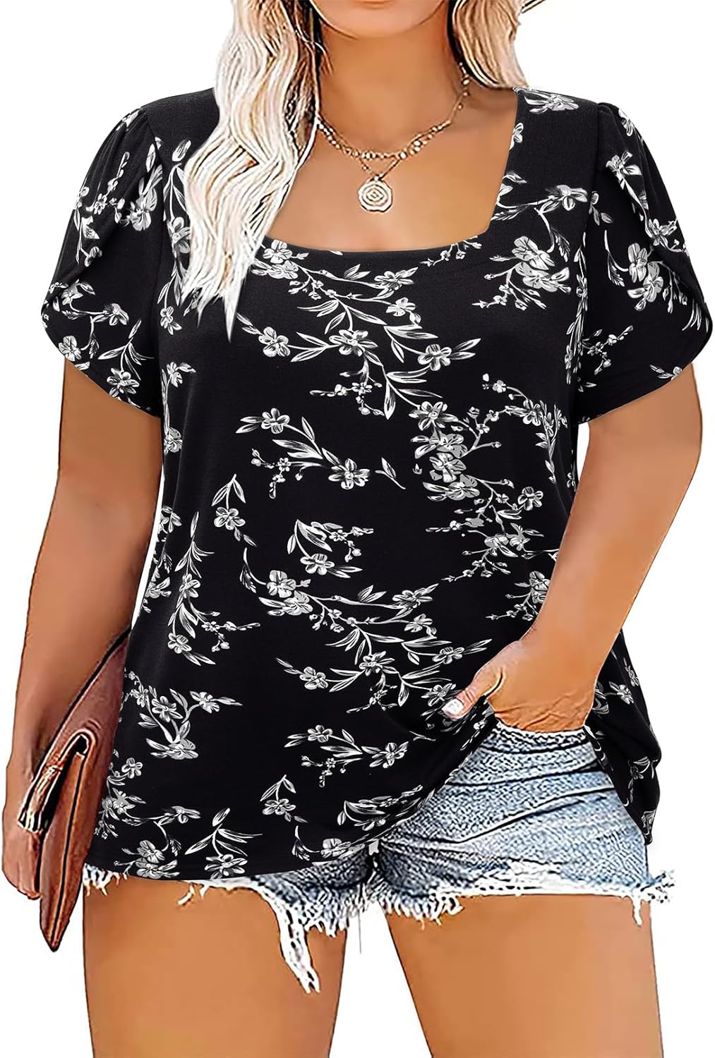 Siddhe Plus Size Tops for Women Petal Short Sleeve Square Neck Shirts Casual Trendy Blouses 2026 Spring Fashion XL-5XL