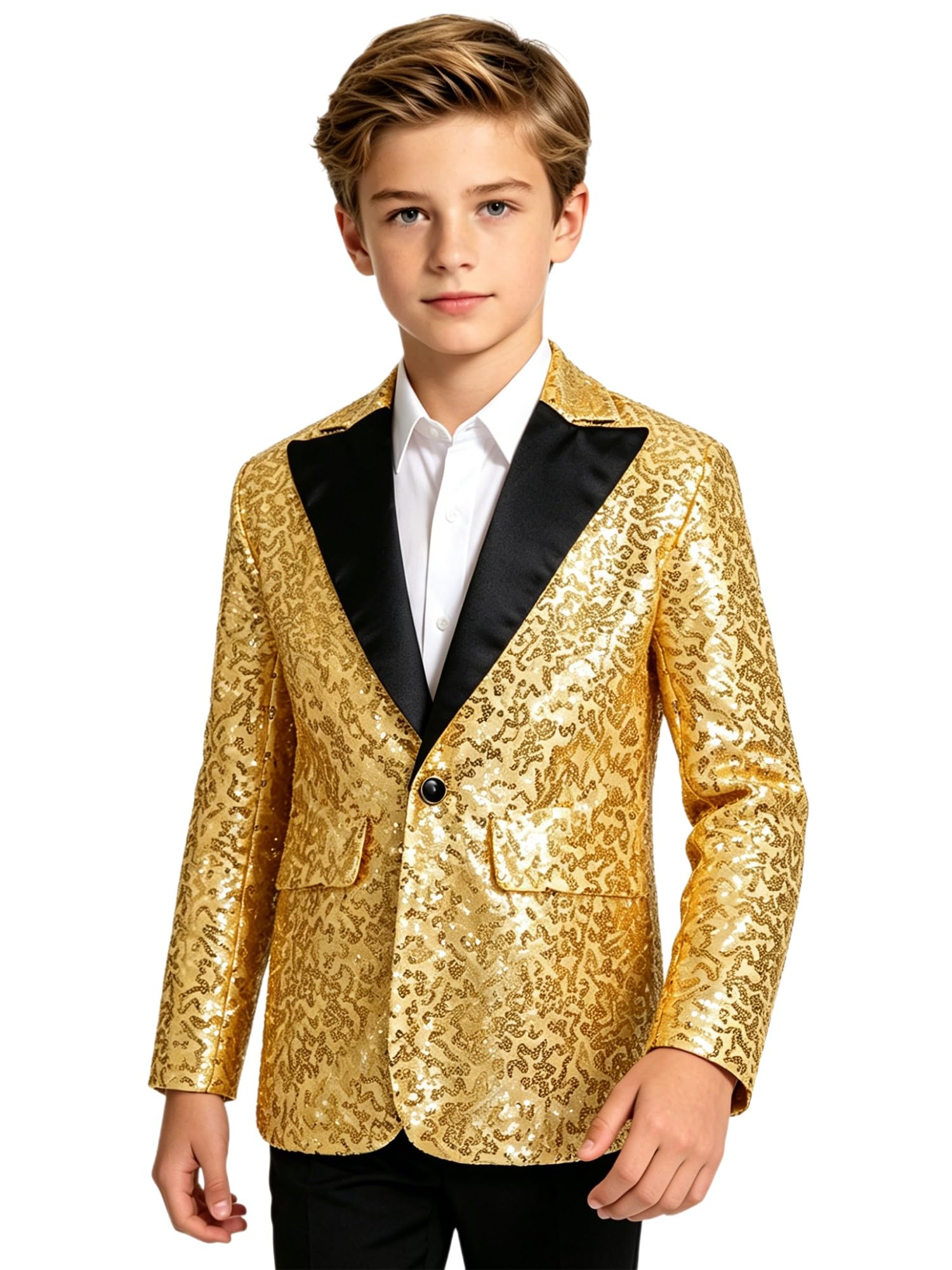 TiaoBug Enfant Garçon Paillette Veste de Costume d'honneur Mariage Cérémonie Soirée Manteau Blouse Gentleman Smoking Blazer Brillant Chemise Fête Carnaval 5-16 Ans