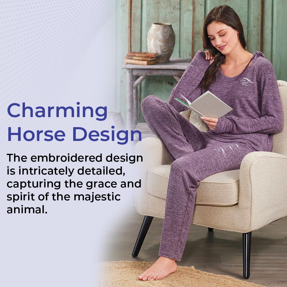 Wild Horses Embroidered Purple Pants, Women’s Casual Lounge Sweatpants, Soft Loose Pajama Bottoms, Pockets, Drawstring Waist