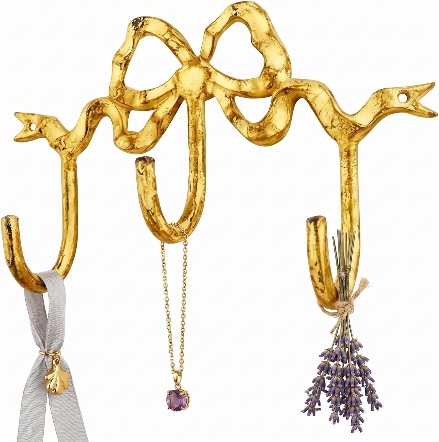 Gold Bow Hooks Metal 3 Hook Bow Knot Wall Decorations Coat Rack Wall Mounted Hanger Coquette Vintage Decorative Holder for Wedding Bathroom Living Room Kitchen Decor