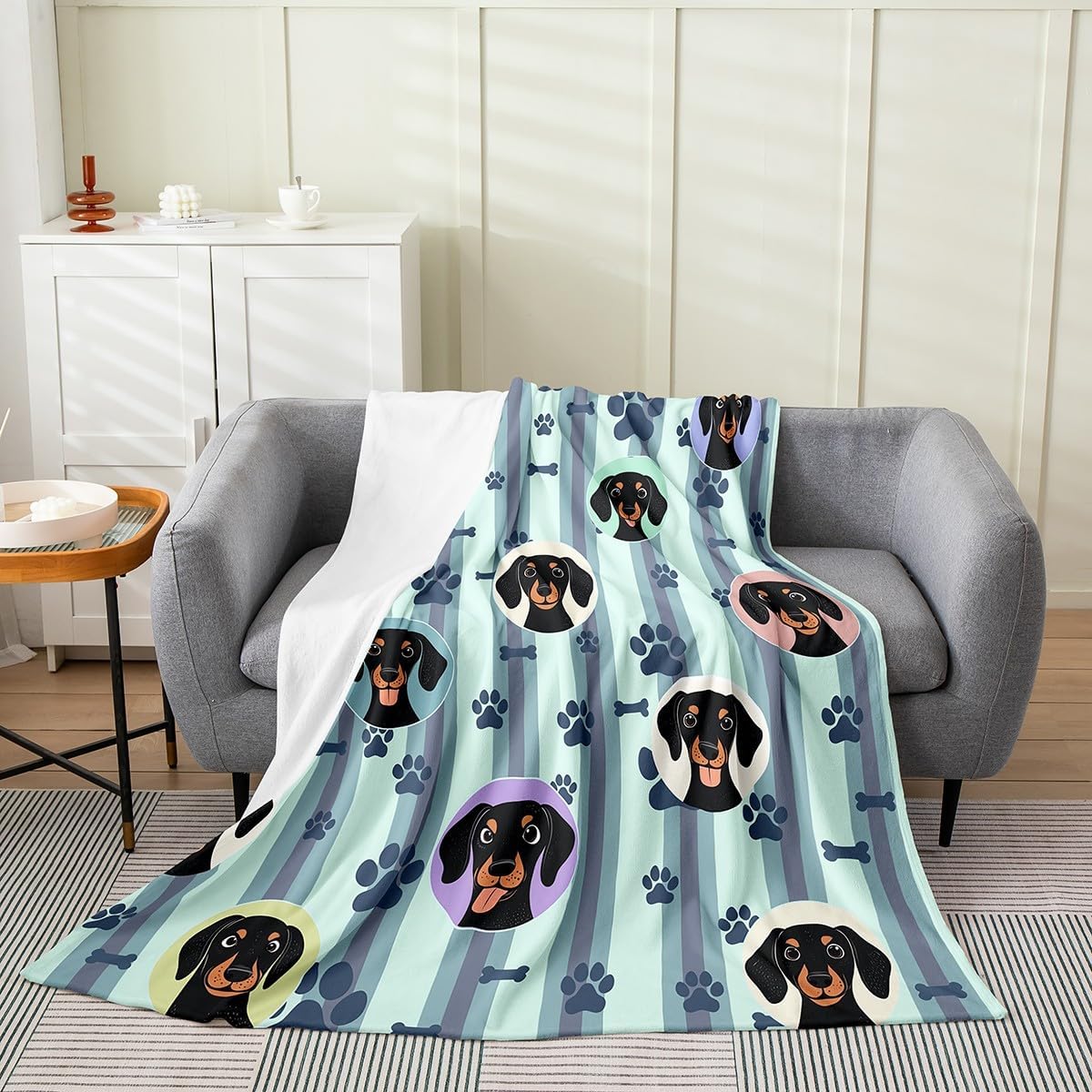 Dachshund Kids Flannel Blanket,Dog Paws Bones Print Geometric Stripes Bed Blanket for Boys Girls,Puppy Dog Animals Pets Rustic Fleece Blanket,Blue Fuzzy Blanket,Queen Size (90 x 90 Inches)