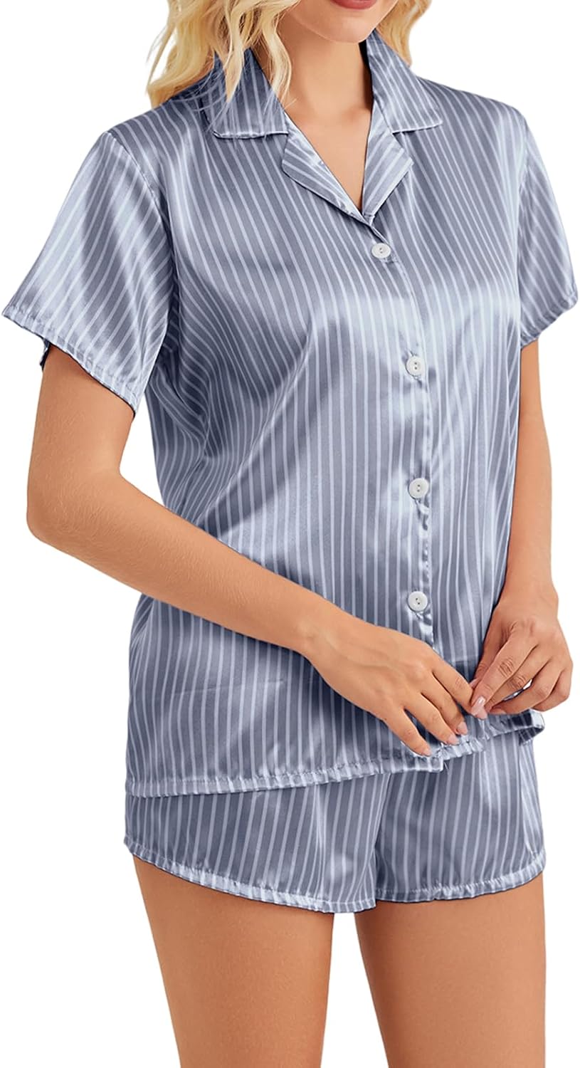 Satin Pajamas for Women, Notch Neck PJ Adjustable Drawstring Shorts