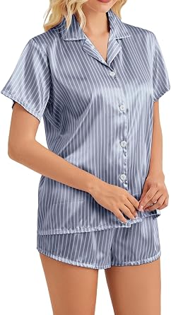 Womens Satin Pajamas Set - Soft Button-Up Top with Pinstripes and Drawstring Silky Shorts, Satin Classic Loungewear