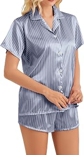 Satin Pajamas for Women, Notch Neck PJ Adjustable Drawstring Shorts